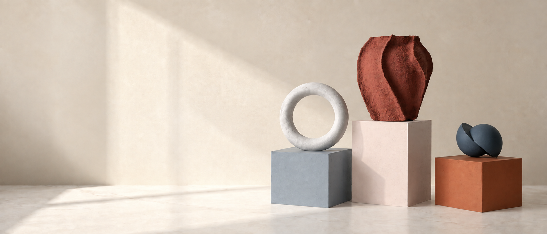 Purpleprops sculptural props on travertine plinths