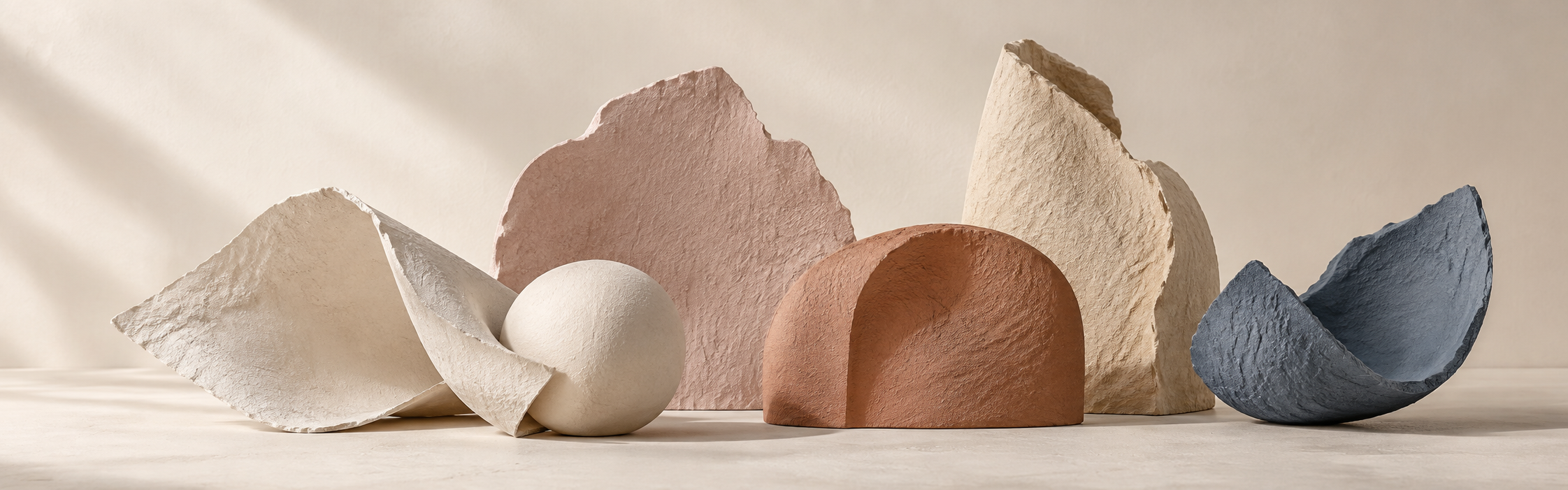 Sculptural custom-made objects in natural stone tones